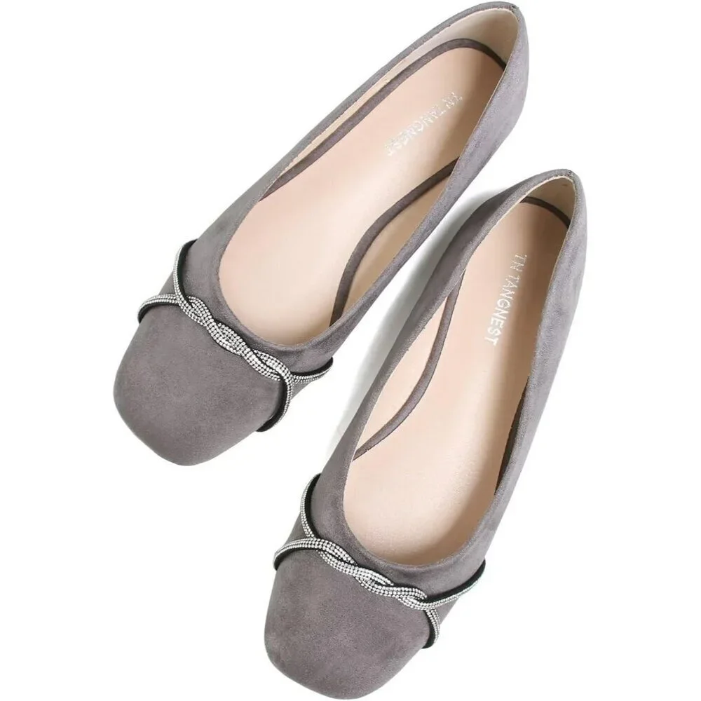 Women's Grey Suede Casual Fashion Chain Pointed Toe Ballet Flat Rhinestone